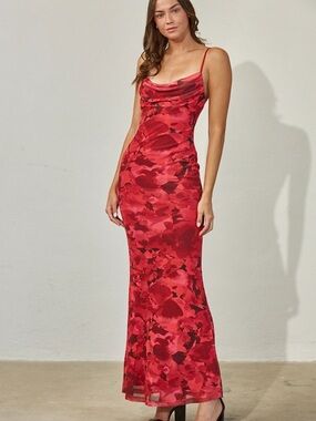 Red Floral Cowl-Neck Maxi Dress
